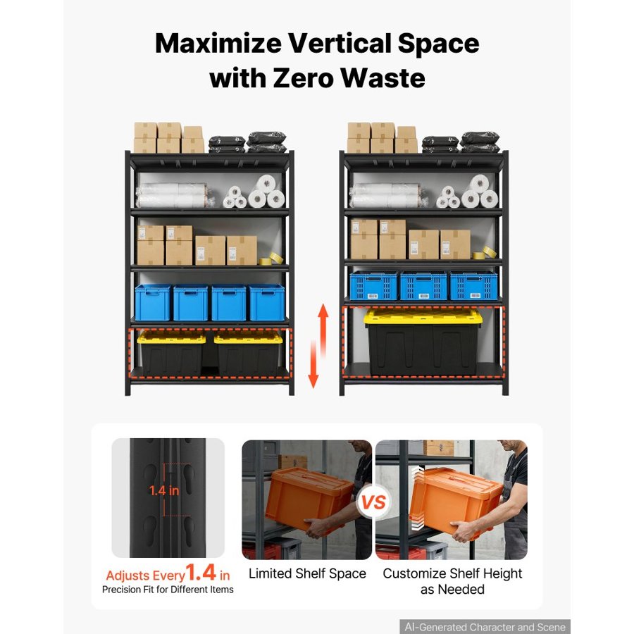VEVOR Storage Shelves, 5-Tier Adjustable, 1360.8kg Capacity, Heavy Duty Garage Storage Shelving Unit, Metal Utility Rack Shelf, for Garage Workshop Warehouse Basement, 1230 mm W x 623 mm D x 1813 mm H