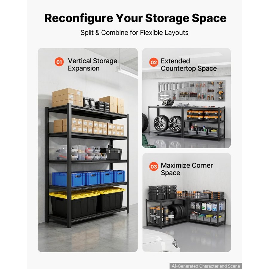 VEVOR Storage Shelves, 5-Tier Adjustable, 1360.8kg Capacity, Heavy Duty Garage Storage Shelving Unit, Metal Utility Rack Shelf, for Garage Workshop Warehouse Basement, 1230 mm W x 623 mm D x 1813 mm H