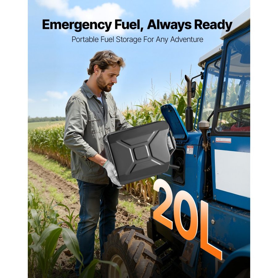 VEVOR Metal Fuel Container, 20 L, Fuel Jerry Can with Spout and Comfort Handle, 6 L/min Max Flow Rate, Leakproof & Corrosion-resistant Metal Gas Tank Most Cars Motorcycle ATV UTV, Black