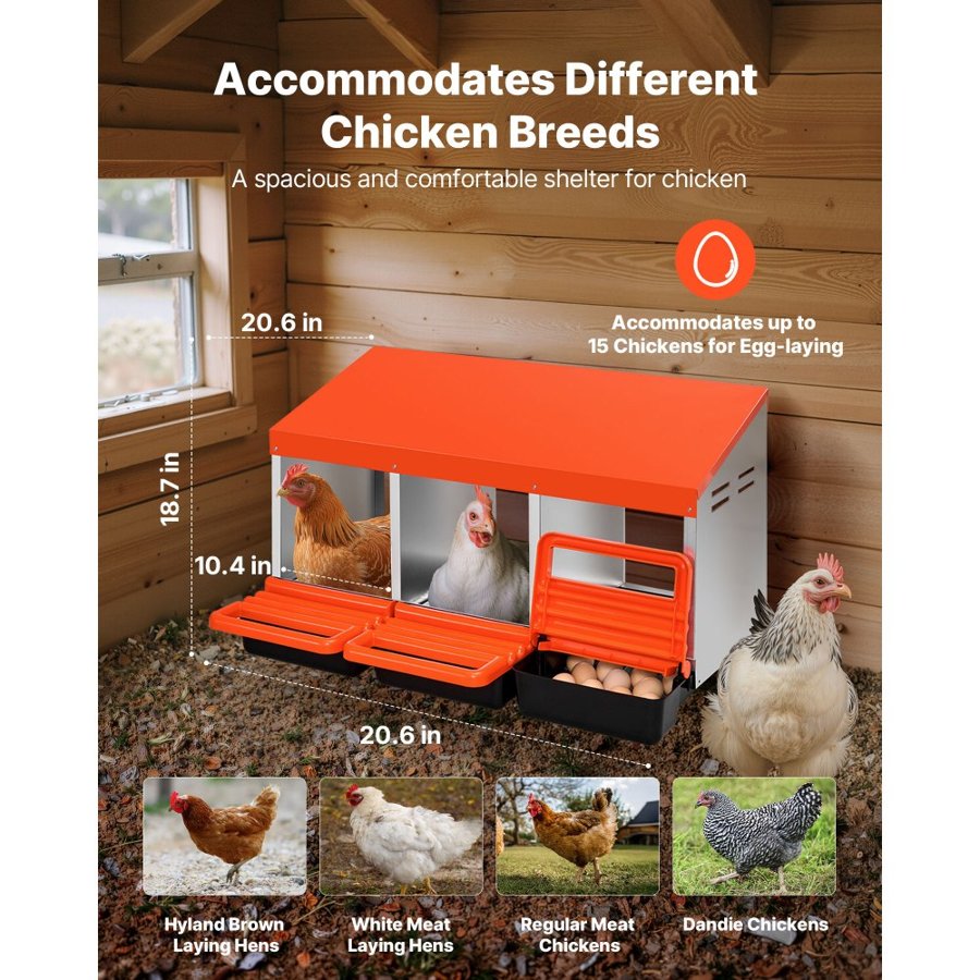 VEVOR Chicken Nesting Boxes, 3 Compartments, Metal Egg Laying Boxes with Protective Collection Lids, Roll Out Nesting Box, Easy to Assemble, Ideal for Hens, Ducks, Chickens, and Other Poultry, Orange