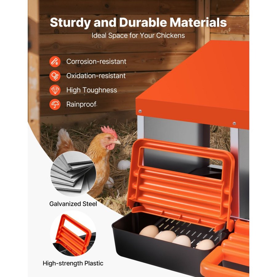 VEVOR Chicken Nesting Boxes, 3 Compartments, Metal Egg Laying Boxes with Protective Collection Lids, Roll Out Nesting Box, Easy to Assemble, Ideal for Hens, Ducks, Chickens, and Other Poultry, Orange