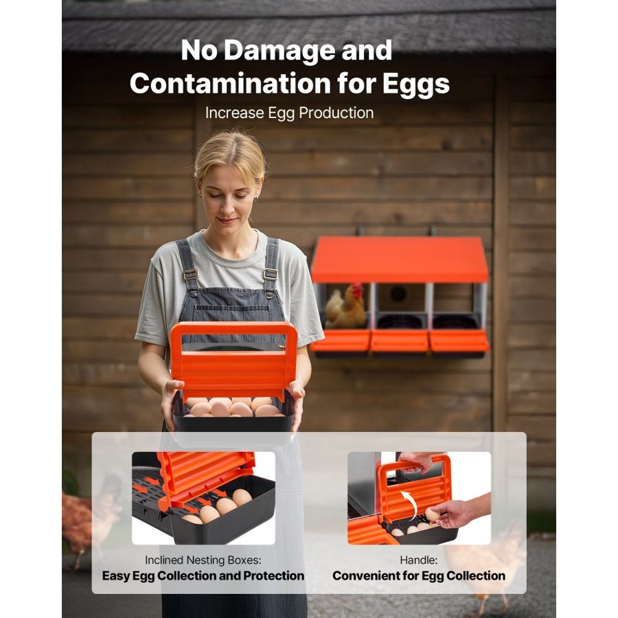 VEVOR Chicken Nesting Boxes, 3 Compartments, Metal Egg Laying Boxes with Protective Collection Lids, Roll Out Nesting Box, Easy to Assemble, Ideal for Hens, Ducks, Chickens, and Other Poultry, Orange