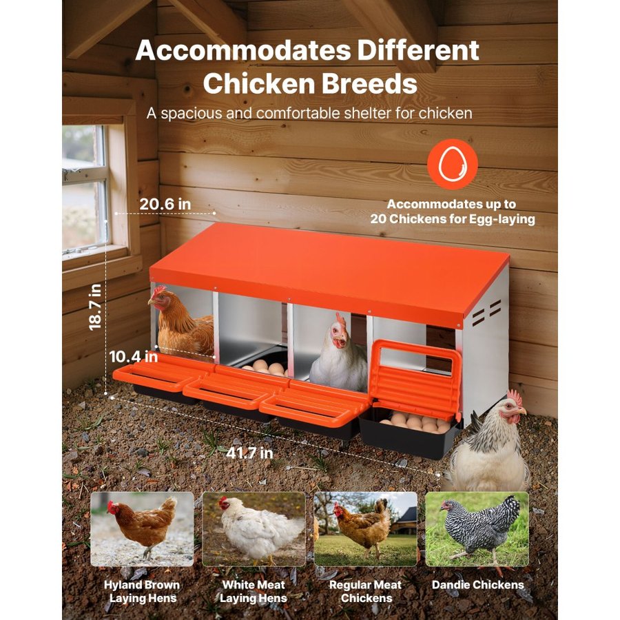 VEVOR Chicken Nesting Boxes, 4 Compartments, Metal Egg Laying Boxes with Protective Collection Lids, Roll Out Nesting Box, Easy to Assemble, Ideal for Hens, Ducks, Chickens, and Other Poultry, Orange