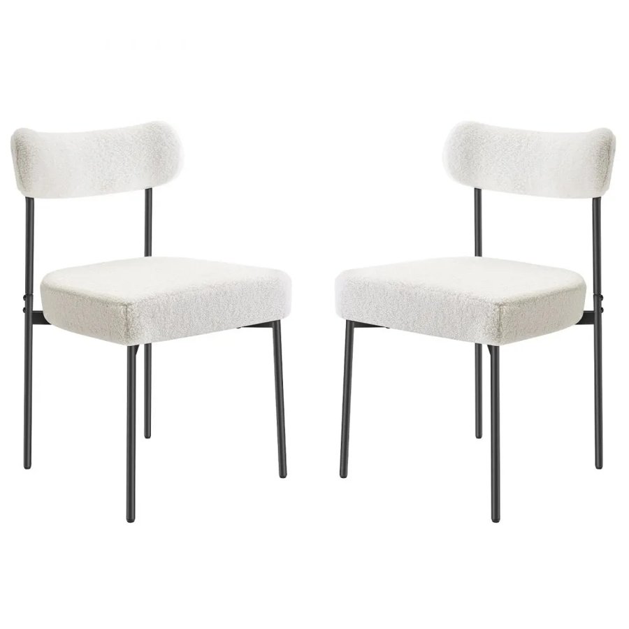 VEVOR Boucle Dining Chairs Set of 2, Mid Century Modern Sherpa Accent Chairs, Upholstered Side Chair for Dining Table, Space-Saving White Kitchen Table Chair with Curved Backrest and Black Metal Legs