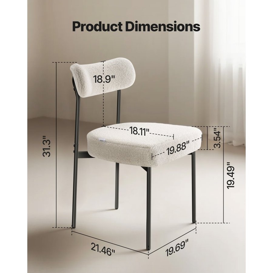 VEVOR Boucle Dining Chairs Set of 2, Mid Century Modern Sherpa Accent Chairs, Upholstered Side Chair for Dining Table, Space-Saving White Kitchen Table Chair with Curved Backrest and Black Metal Legs