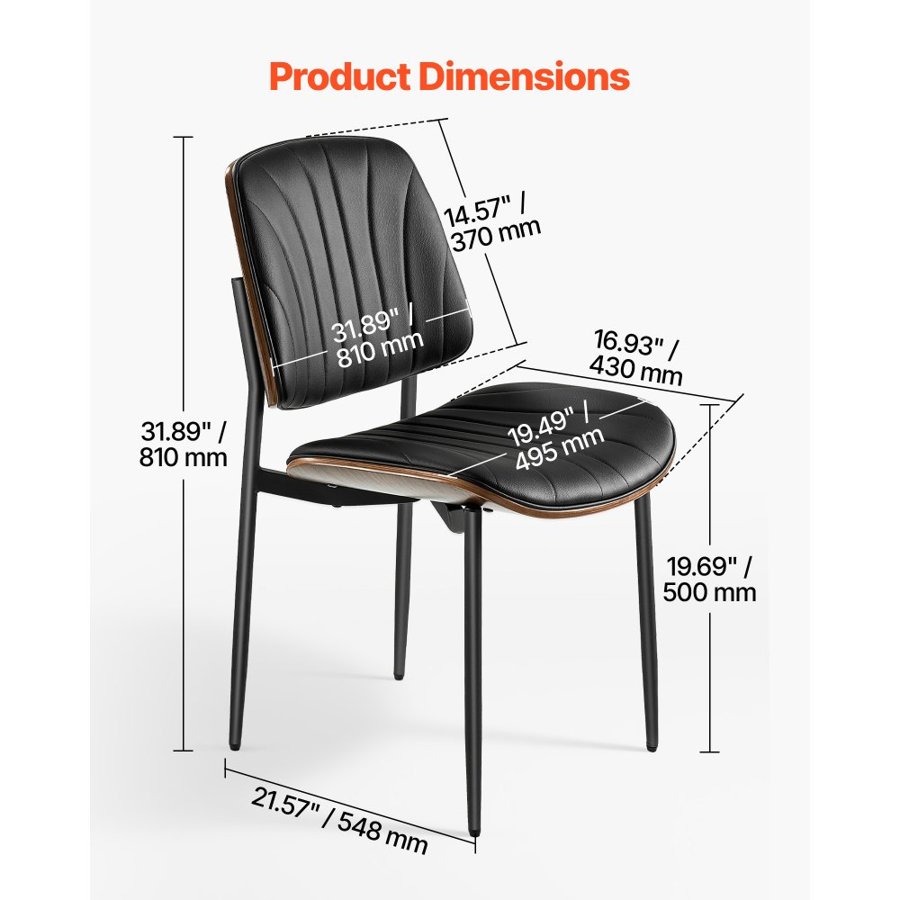 VEVOR Modern Dining Room Accent Chairs Set of 2, Upholstered Leather Side Chair for Dining Tables, Space-Saving Kitchen Table Chair with Thick Cushions and Metal Legs, Black