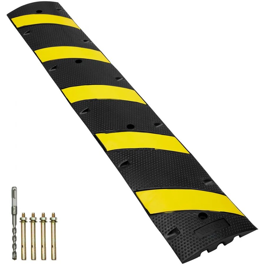 VEVOR Rubber Speed Hump 183 x 30 x 4.5 cm, 2 Channel, 10000 kg Load Capacity Heavy Duty Traffic Speed Bump, with High Reflective Yellow Strip 4 Expansion Screws and 1 Drill, for Asphalt Concrete Gravel Roads