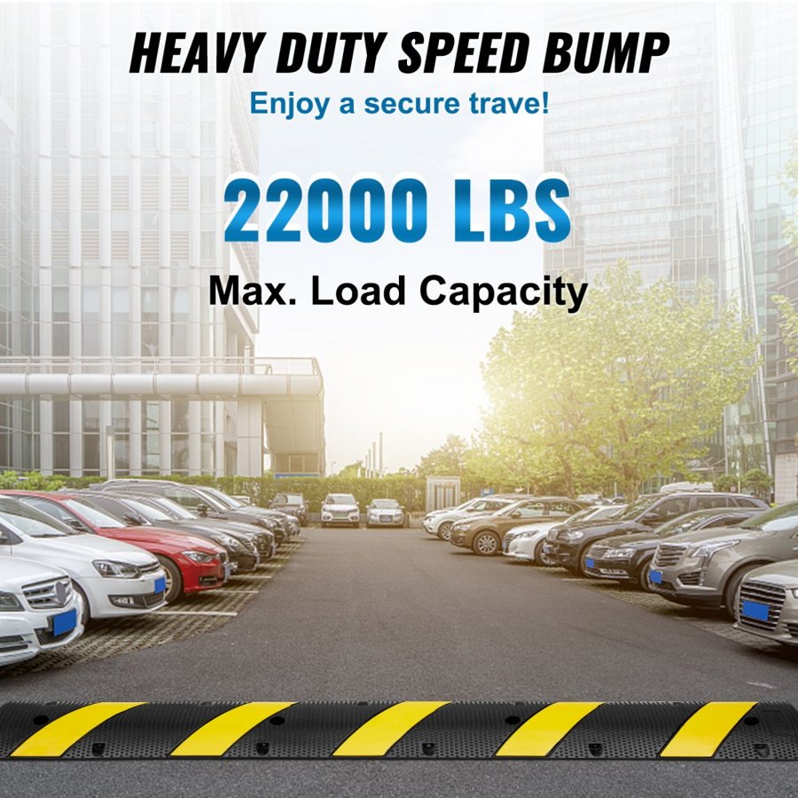 VEVOR Rubber Speed Hump 183 x 30 x 4.5 cm, 2 Channel, 10000 kg Load Capacity Heavy Duty Traffic Speed Bump, with High Reflective Yellow Strip 4 Expansion Screws and 1 Drill, for Asphalt Concrete Gravel Roads