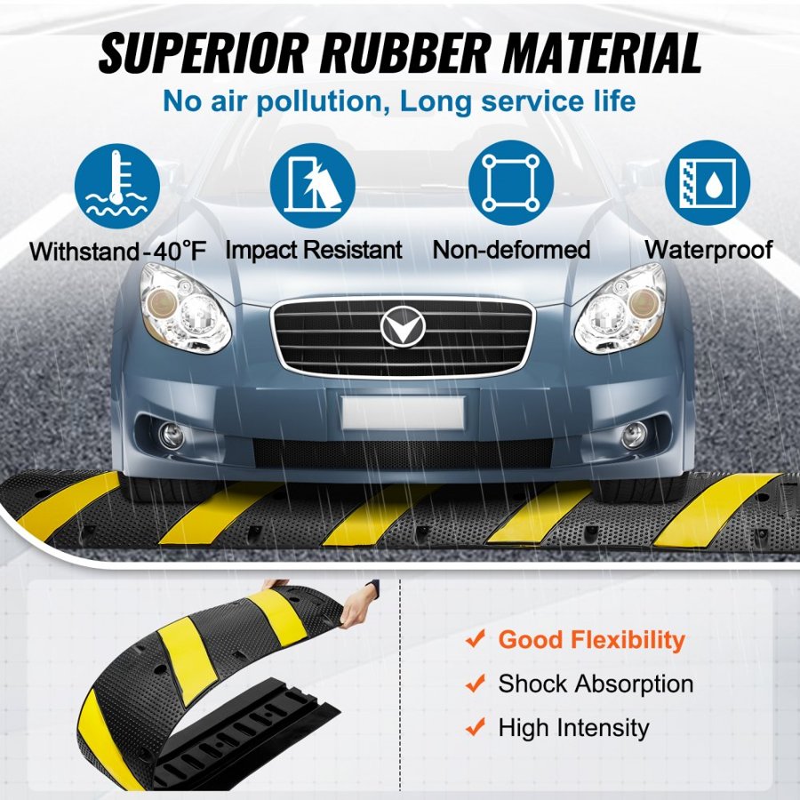 VEVOR Rubber Speed Hump 183 x 30 x 4.5 cm, 2 Channel, 10000 kg Load Capacity Heavy Duty Traffic Speed Bump, with High Reflective Yellow Strip 4 Expansion Screws and 1 Drill, for Asphalt Concrete Gravel Roads