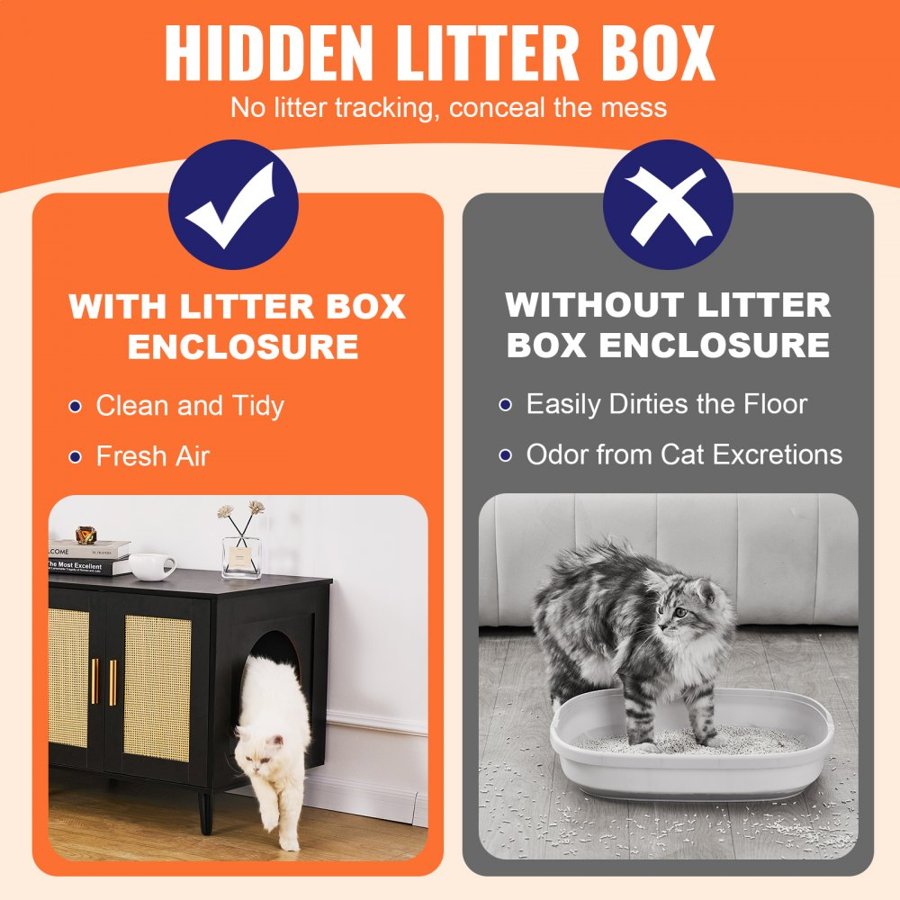 VEVOR Cat Litter Box Enclosure for 2 Cats, Litter Box Furniture Hidden with Rattan Decorated Doors, Wooden Cat Box Cabinet Fit Most of Litter Box, 47.2"L x 19.7"W x 21.7"H, Black