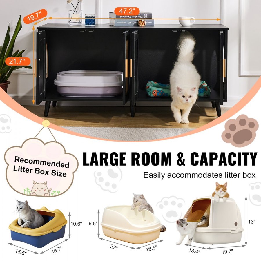 VEVOR Cat Litter Box Enclosure for 2 Cats, Litter Box Furniture Hidden with Rattan Decorated Doors, Wooden Cat Box Cabinet Fit Most of Litter Box, 47.2"L x 19.7"W x 21.7"H, Black