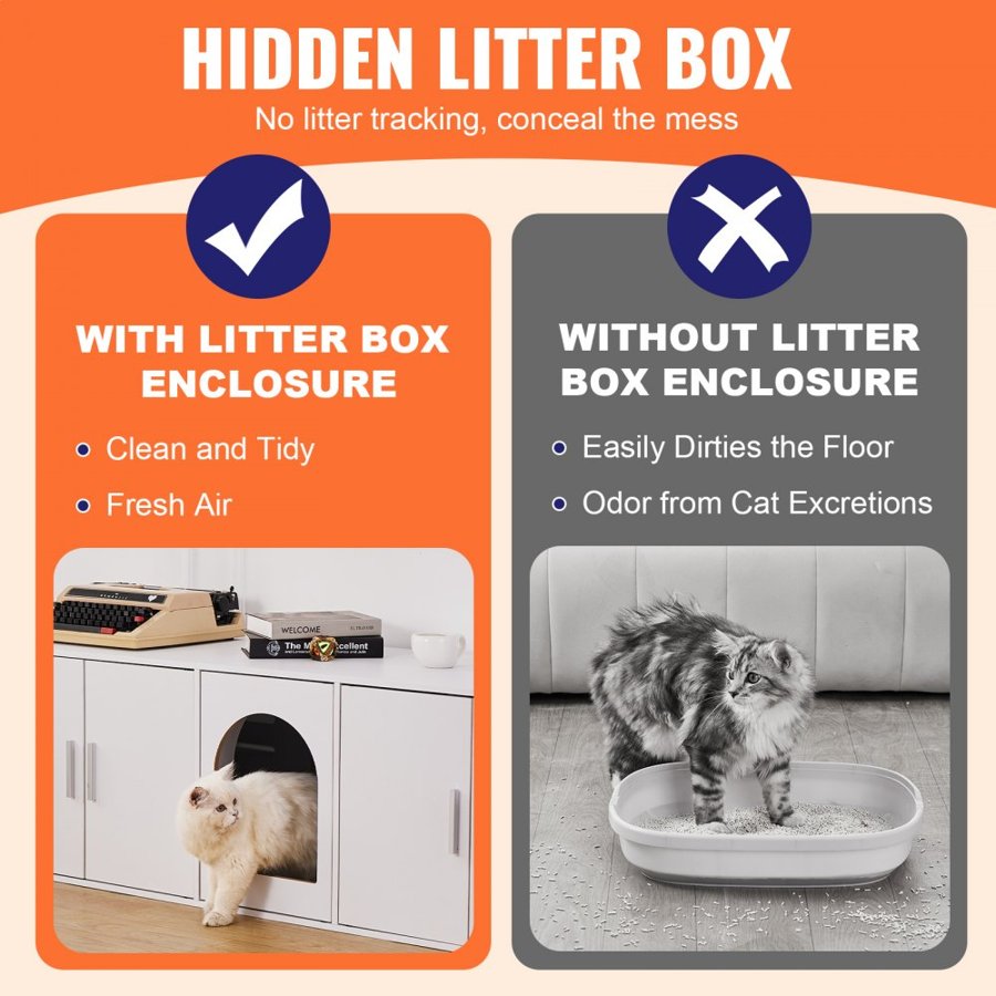 VEVOR Cat Litter Box Enclosure Wooden Litter Box Furniture Hidden 147.1 cm White