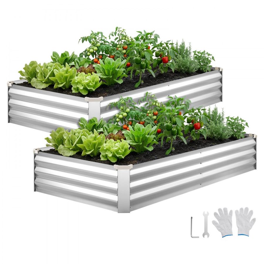 VEVOR 2 Pack Galvanized Raised Garden Beds, 180 x 90 x 30 cm, Rectangular Metal Planter Boxes Kit Outdoor, Bottomless Elevated Planting Box with Gloves, Alu-Zinc, for Growing Flowers Vegetables, Silver