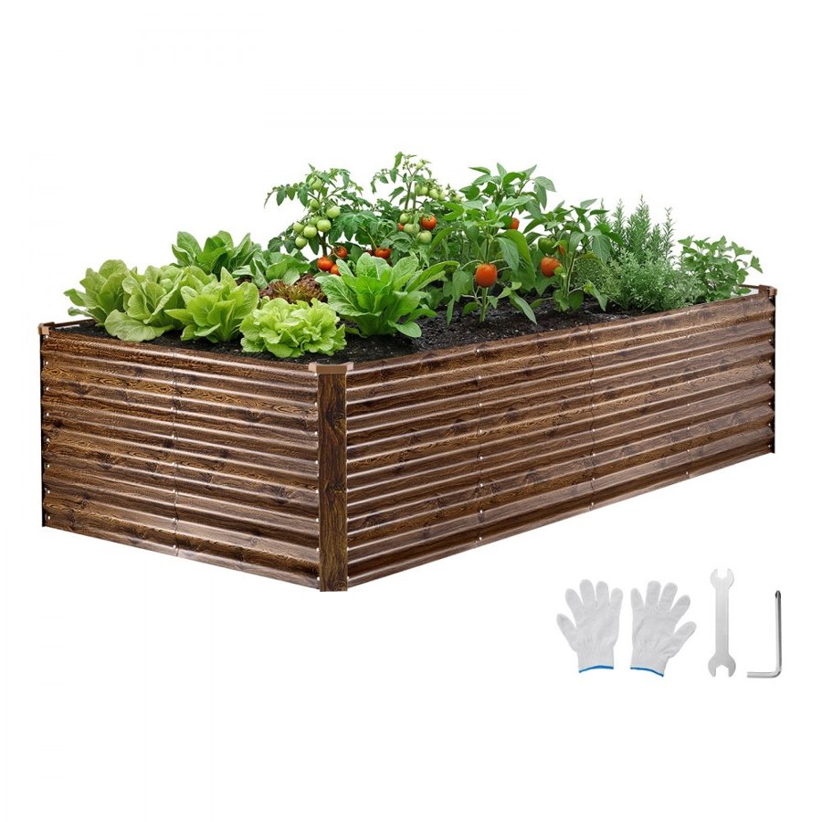 VEVOR Galvanized Raised Garden Bed, 240 x 120 x 62 cm, Rectangular Metal Planter Box Outdoor, Bottomless Elevated Planting Box with Gloves, Alu-Zinc, for Growing Flowers Vegetables, Deep Wood Grain
