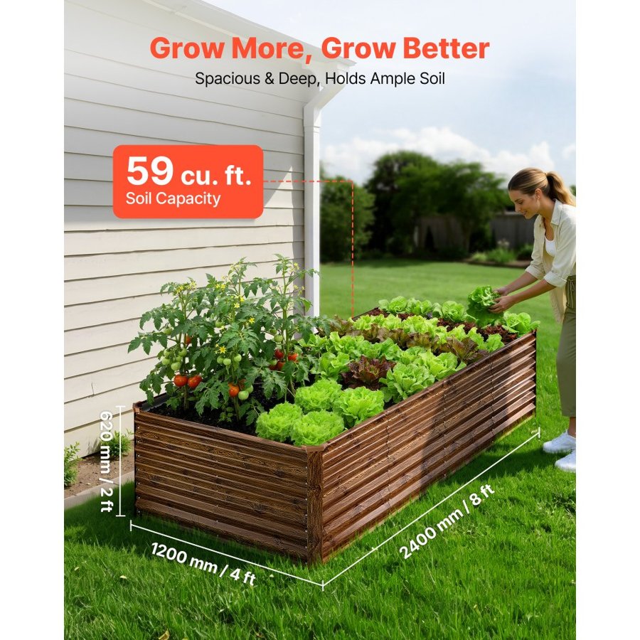 VEVOR Galvanized Raised Garden Bed, 240 x 120 x 62 cm, Rectangular Metal Planter Box Outdoor, Bottomless Elevated Planting Box with Gloves, Alu-Zinc, for Growing Flowers Vegetables, Deep Wood Grain