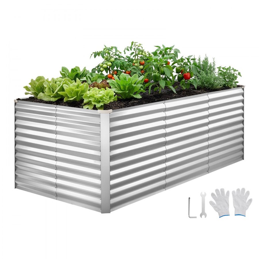 VEVOR Galvanized Raised Garden Bed, 2400 x 1200 x 860 mm, Rectangular Metal Planter Box Kit Outdoor, Bottomless Planting Box with Gloves, Rustproof Alu-Zinc, for Growing Flowers Vegetables, Silver