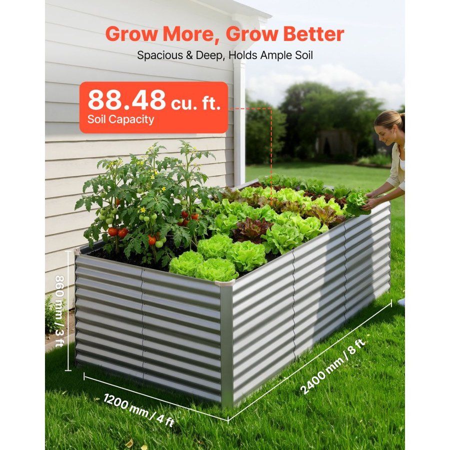 VEVOR Galvanized Raised Garden Bed, 2400 x 1200 x 860 mm, Rectangular Metal Planter Box Kit Outdoor, Bottomless Planting Box with Gloves, Rustproof Alu-Zinc, for Growing Flowers Vegetables, Silver