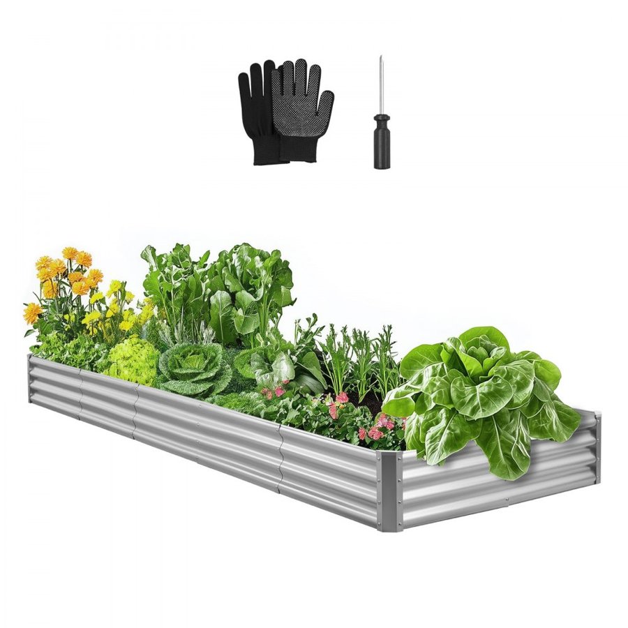 VEVOR Metal Raised Garden Bed, 3.6 x 1.2 x 0.3 m Outdoor Galvalume Planter Garden Box, Open Bottom Design, Large Planter Raised Bed for Growing Vegetables, Flowers, and Succulents, Galvanized Color