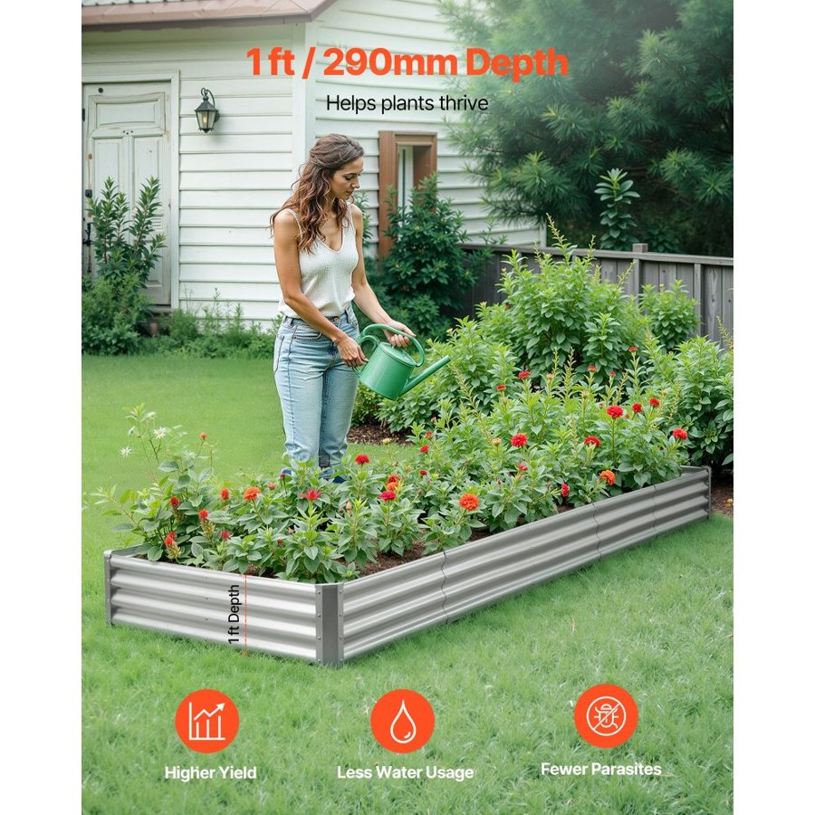 VEVOR Metal Raised Garden Bed, 3.6 x 1.2 x 0.3 m Outdoor Galvalume Planter Garden Box, Open Bottom Design, Large Planter Raised Bed for Growing Vegetables, Flowers, and Succulents, Galvanized Color