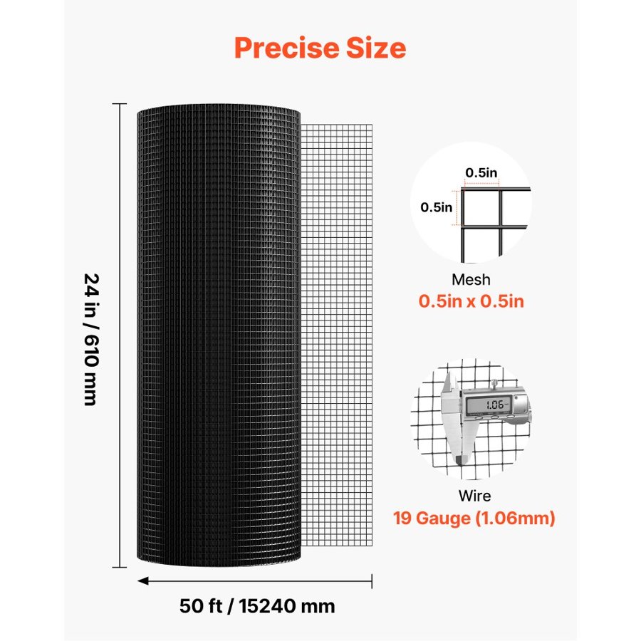VEVOR Wire Mesh Roll – 24 Inch x 50 FT, 19 Gauge, 1/2 Inch