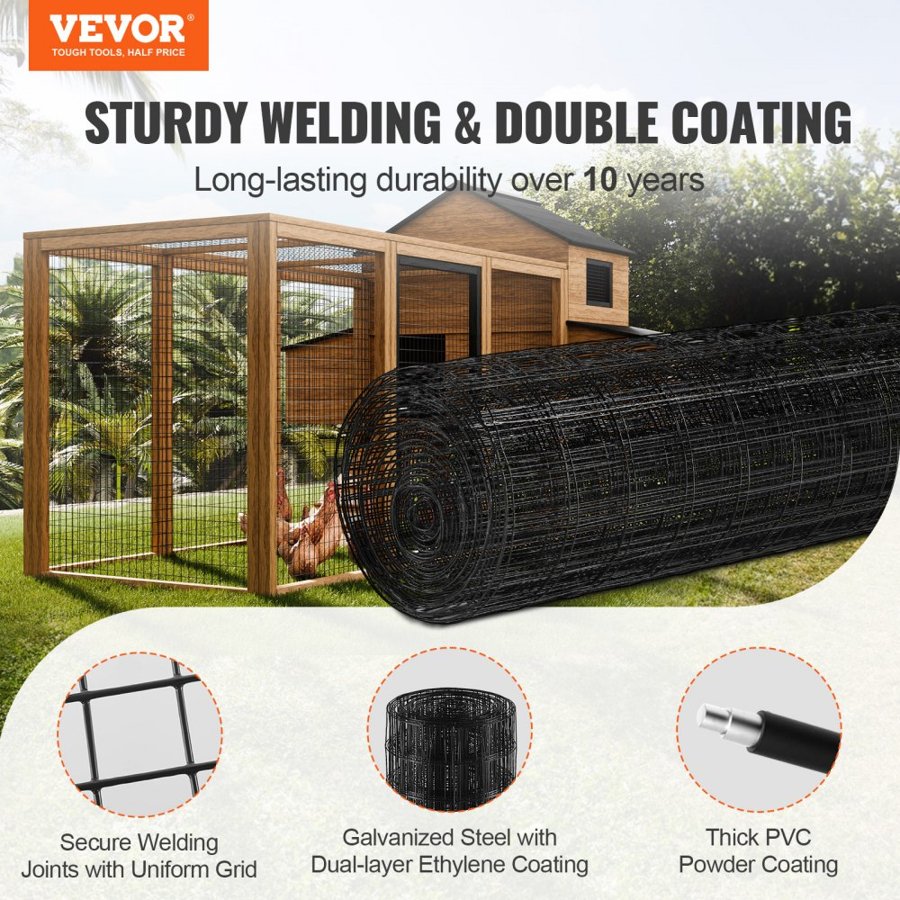 VEVOR Hardware Cloth, 910 x 15240 mm Galvanized Wire Mesh Roll, 16 Gauge Chicken Wire Fence Roll, Vinyl Coating Metal Wire Mesh for Chicken Coop Barrier, Rabbit Snake Fences, Poultry Enclosures