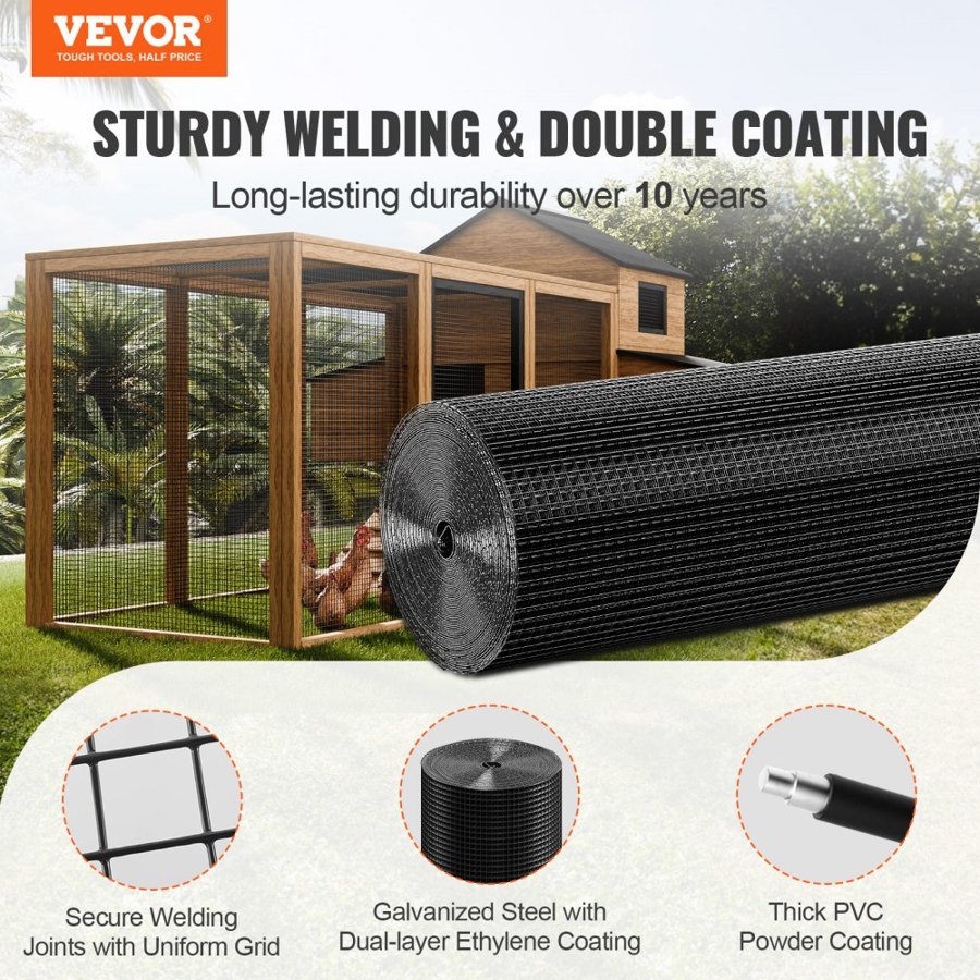 VEVOR Hardware Cloth, 1220 x 30480 mm Galvanized Wire Mesh Roll, 19 Gauge Chicken Wire Fence Roll, Vinyl Coating Metal Wire Mesh for Chicken Coop Barrier, Rabbit Snake Fences, Poultry Enclosures