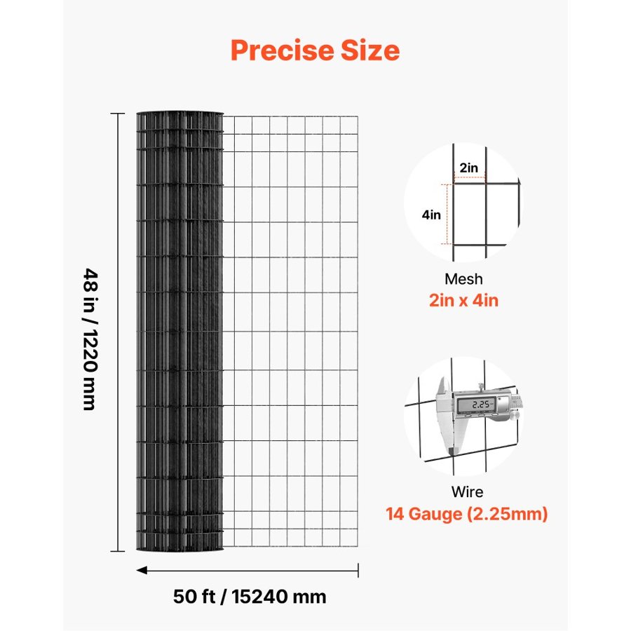VEVOR Black Fencing Wire – 48 inx50 ft, 2x4in Mesh, 14 Gauge