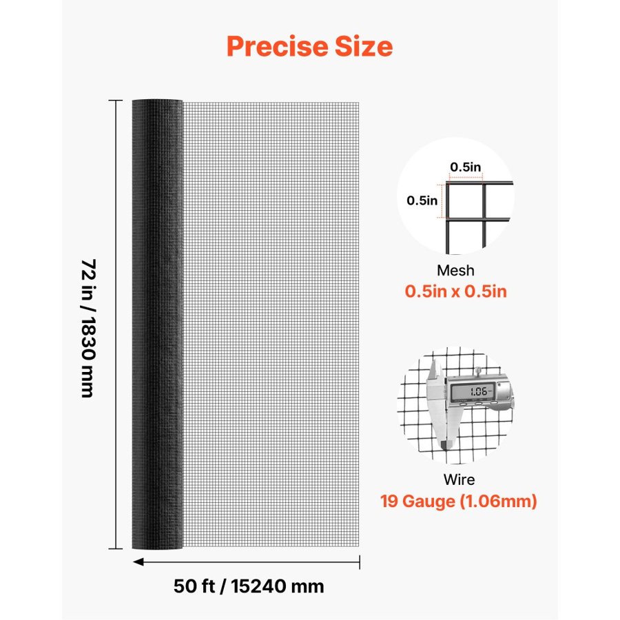 VEVOR 1/2 Inch Hardware Cloth – 72 in x 50 ft, 19 Gauge