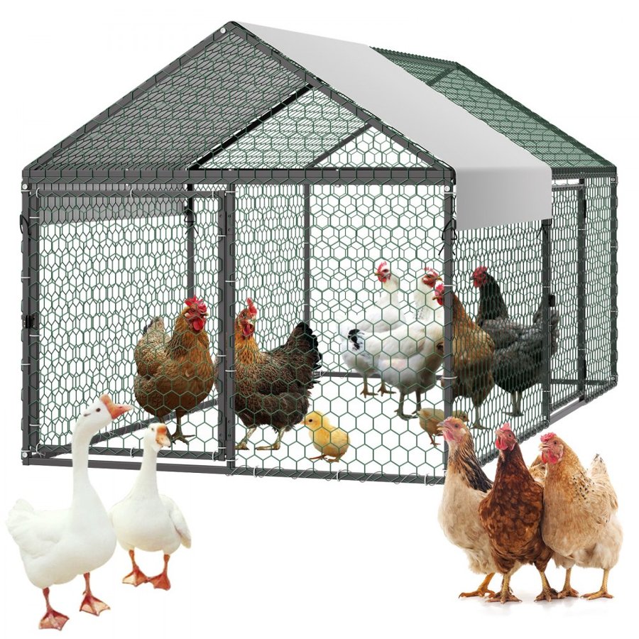 VEVOR Metal Chicken Coop for 4-6 Chickens, 1 x 2 x 1 m, Small Chicken Cage with Waterproof Cover & Double Doors, Spire Roof Poultry Run Compatible with Wooden Coops, for Rabbit Hen Goose Duck Outdoor