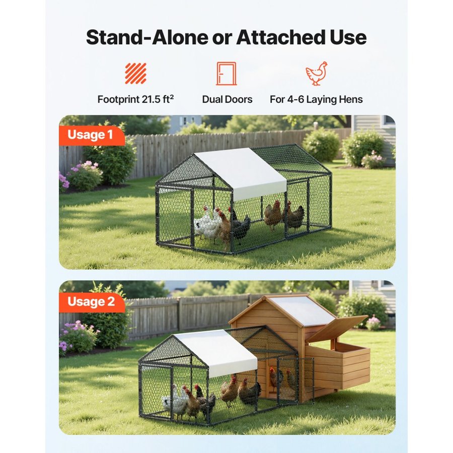 VEVOR Metal Chicken Coop for 4-6 Chickens, 1 x 2 x 1 m, Small Chicken Cage with Waterproof Cover & Double Doors, Spire Roof Poultry Run Compatible with Wooden Coops, for Rabbit Hen Goose Duck Outdoor