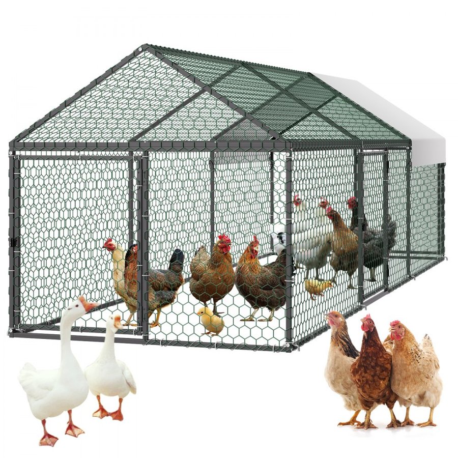 VEVOR Metal Chicken Coop for 6-8 Chickens 1 x 3 x 0.99 m Small Chicken Cage, Spire Roof Poultry Run with Waterproof Cover & 3 Doors, Compatible with Wooden Coops, for Rabbit Hen Goose Duck, Backyard