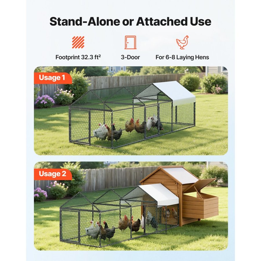 VEVOR Metal Chicken Coop for 6-8 Chickens 1 x 3 x 0.99 m Small Chicken Cage, Spire Roof Poultry Run with Waterproof Cover & 3 Doors, Compatible with Wooden Coops, for Rabbit Hen Goose Duck, Backyard