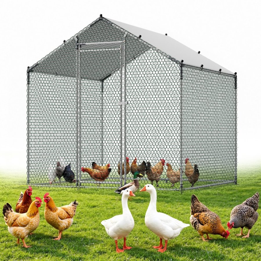 VEVOR Large Metal Chicken Coop 2 x 2 x 2 m Walk-in Chicken Run House Cage, Spire Roof Hen House Enclosure with Cover and Security Lock, Outdoor Duck Rabbit Cage Poultry Pen for Backyard, Farm, Yard