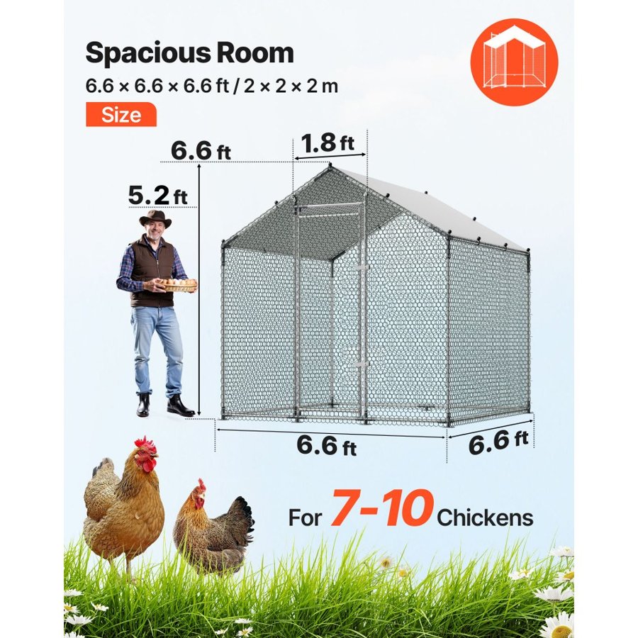 VEVOR Large Metal Chicken Coop 2 x 2 x 2 m Walk-in Chicken Run House Cage, Spire Roof Hen House Enclosure with Cover and Security Lock, Outdoor Duck Rabbit Cage Poultry Pen for Backyard, Farm, Yard