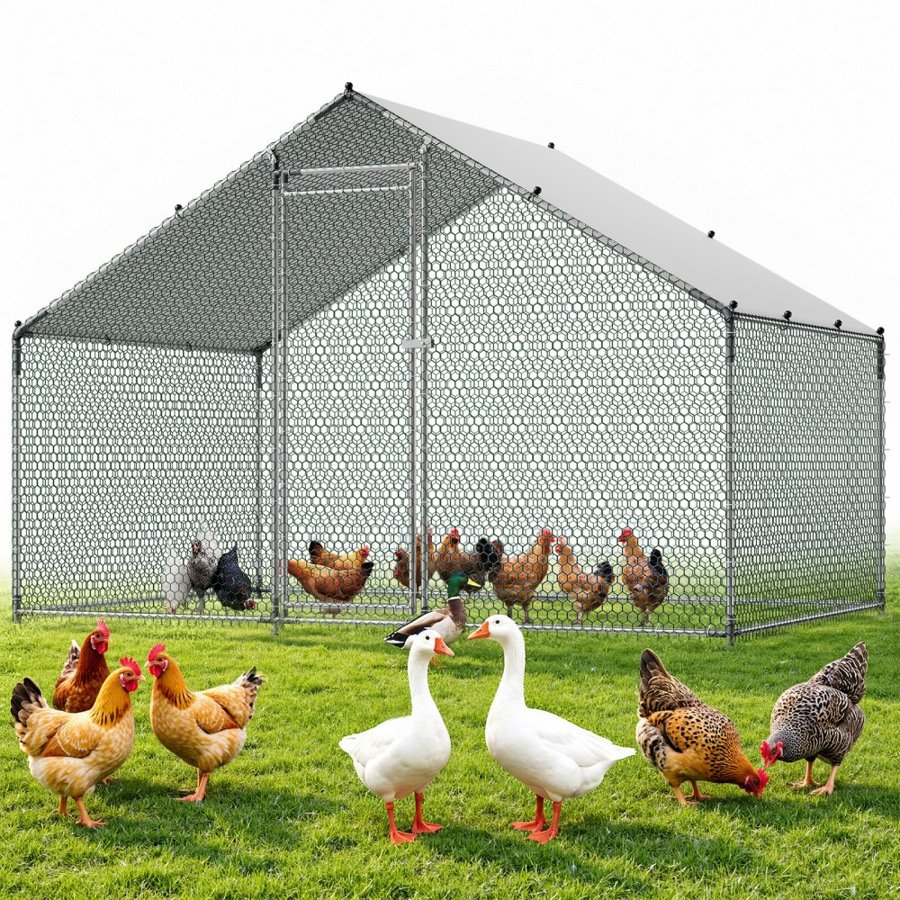 VEVOR Large Metal Chicken Coop, 3 x 2 x 2 m, Walk-in Chicken Runs with Waterproof Cover, Spire Roof Hen House Enclosure with Lock, Outdoor Duck Rabbit Cage Poultry Pen for Backyard, Farm, Yard Use