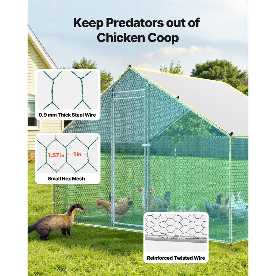 VEVOR Large Metal Chicken Coop, 3 x 2 x 2 m, Walk-in Chicken Runs with Waterproof Cover, Spire Roof Hen House Enclosure with Lock, Outdoor Duck Rabbit Cage Poultry Pen for Backyard, Farm, Yard Use