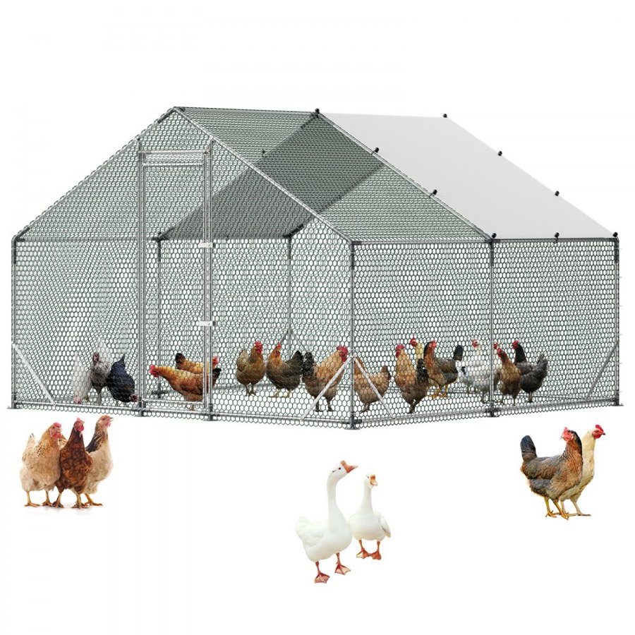 VEVOR Large Metal Chicken Coop, 3 x 3 x 2 m, Walk-in Chicken Run House with Waterproof Cover and Sturdy Frame, Spire Roof Poultry Cage Duck Pen for Rabbit Hen Goose Duck Outdoor Backyard Farm Use