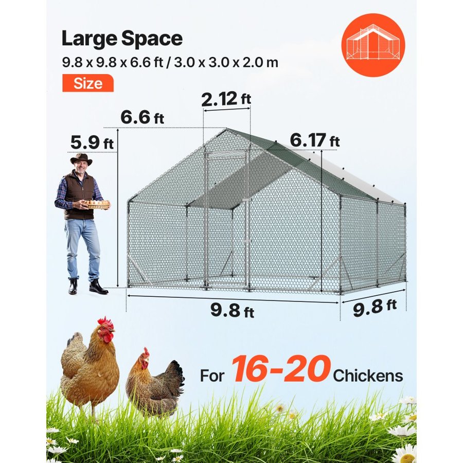 VEVOR Large Metal Chicken Coop, 3 x 3 x 2 m, Walk-in Chicken Run House with Waterproof Cover and Sturdy Frame, Spire Roof Poultry Cage Duck Pen for Rabbit Hen Goose Duck Outdoor Backyard Farm Use