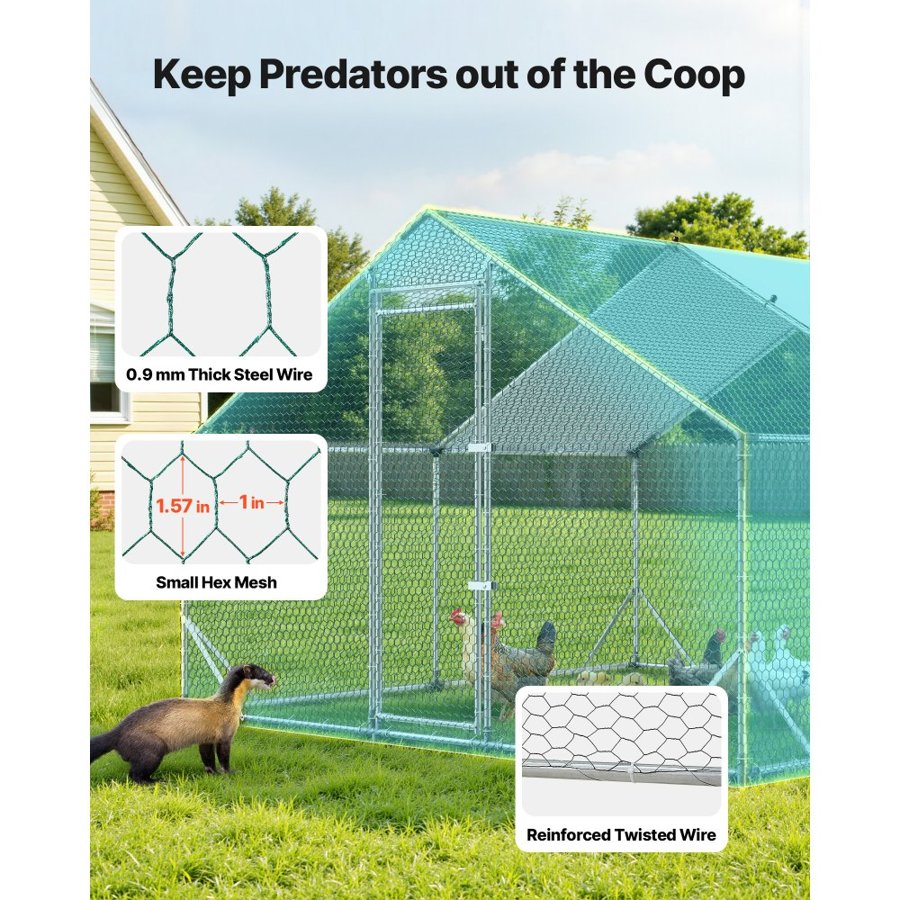 VEVOR Large Metal Chicken Coop, 3 x 3 x 2 m, Walk-in Chicken Run House with Waterproof Cover and Sturdy Frame, Spire Roof Poultry Cage Duck Pen for Rabbit Hen Goose Duck Outdoor Backyard Farm Use