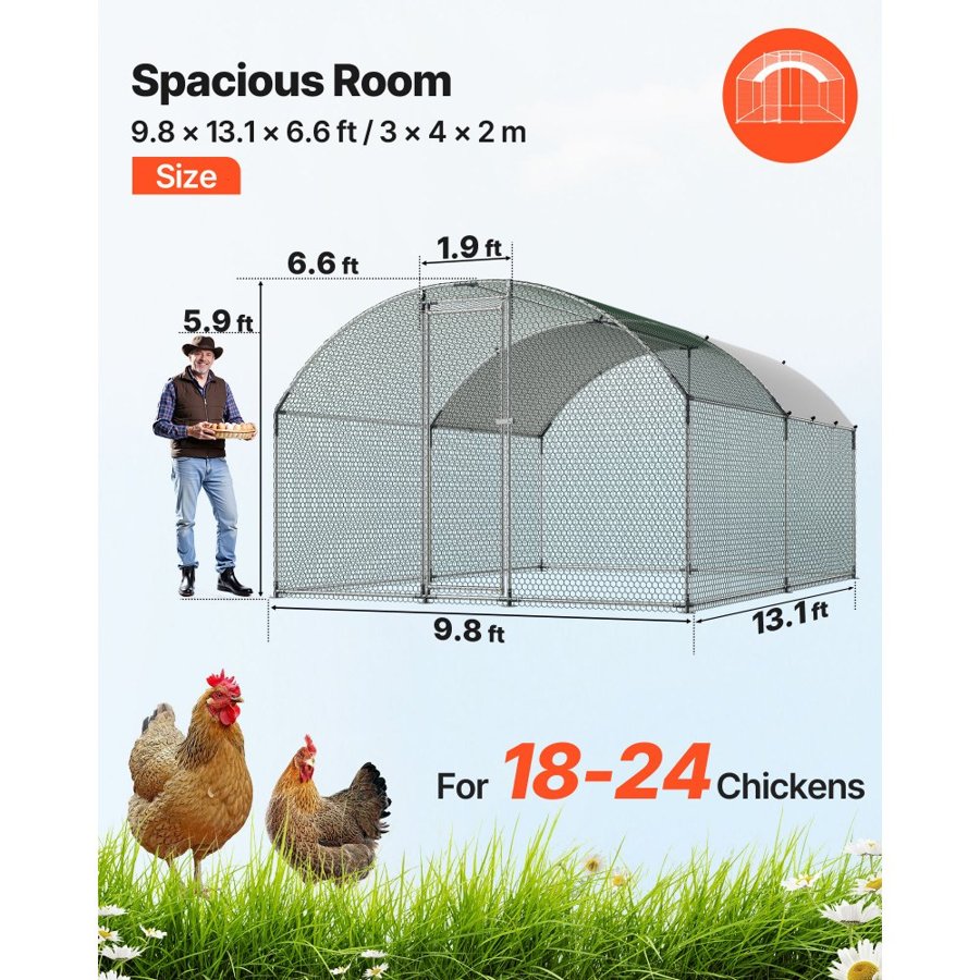 VEVOR Metal Chicken Coop, 9.8x13.1x6.5 ft Large Walk-in Chicken Runs with Cover, Doom Roof Hen House Enclosure with Security Lock, Outdoor Duck Rabbit Cage Poultry Pen for Backyard, Farm, Yard