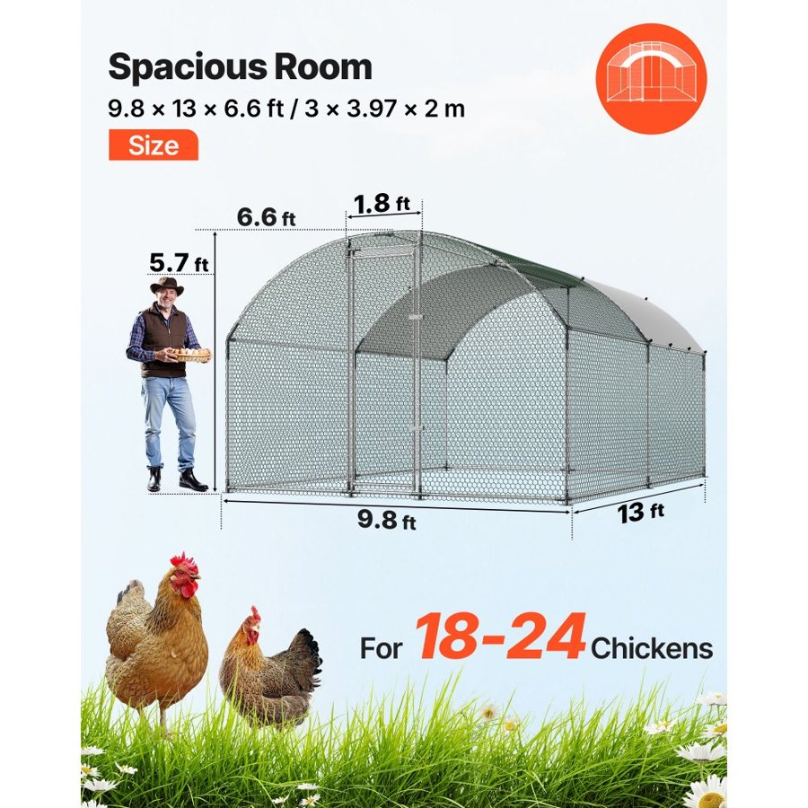 VEVOR Large Metal Chicken Coop 3 x 3.97 x 2 m Walk-in Chicken Run House, Doom Roof Hen House Enclosure with Cover and Security Lock, Outdoor Duck Rabbit Cage Poultry Pen for Backyard, Farm, Yard Use