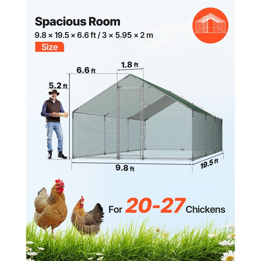 VEVOR Large Metal Chicken Coop 3 x 5.95 x 2 m Walk-in Chicken Run House, Spire Roof Hen House Enclosure with Cover and Security Lock, Outdoor Duck Rabbit Cage Poultry Pen for Backyard, Farm, Yard