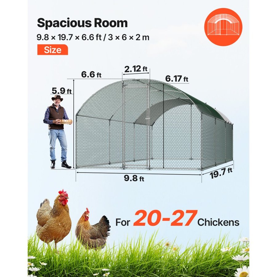 VEVOR Large Metal Chicken Coop, 3 x 6 x 2 m, Walk-in Chicken Runs with Waterproof Cover, Dome Roof Hen House Enclosure with Lock, Outdoor Duck Rabbit Cage Poultry Pen for Backyard, Farm, Yard Use
