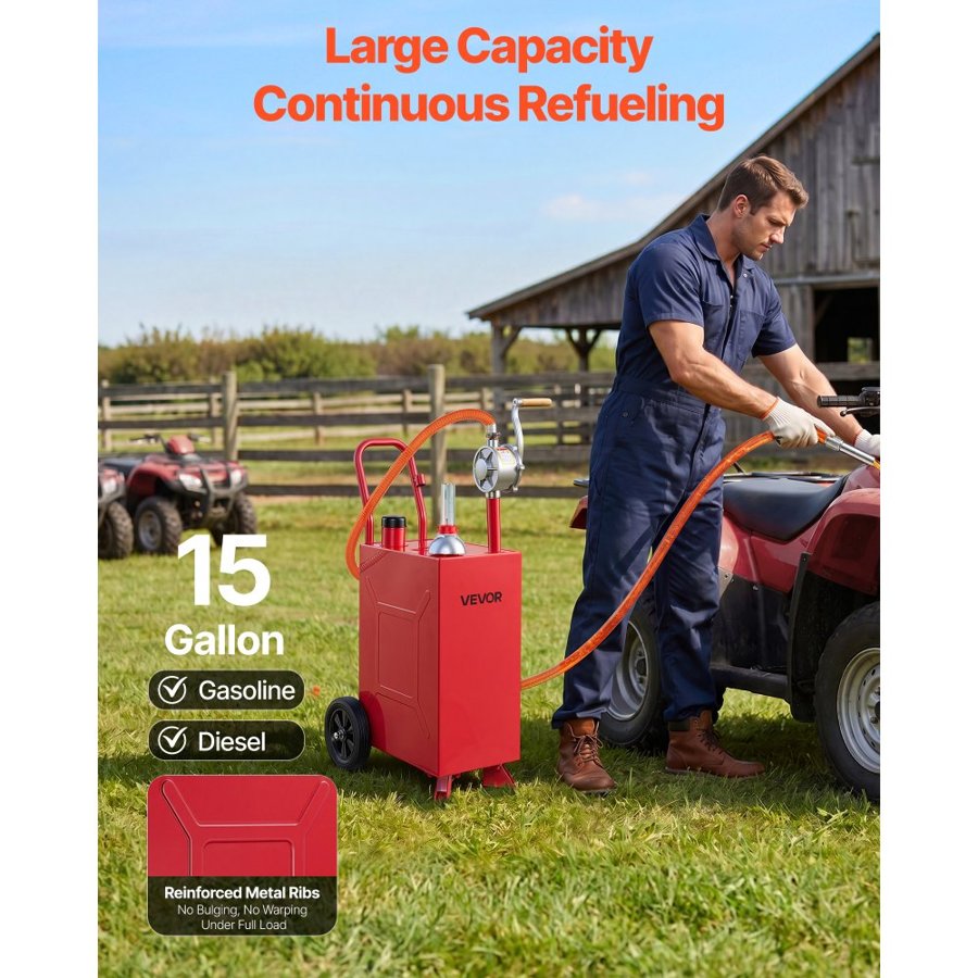 VEVOR 56.8L Fuel Gas Caddy, Carbon Steel, Portable Fuel Transfer Storage Tank with Manual Pump & Rolling Wheels, Gasoline Diesel Can Container, for Cars, Lawn Mowers, ATVs, Boats, Motorcycles, Red