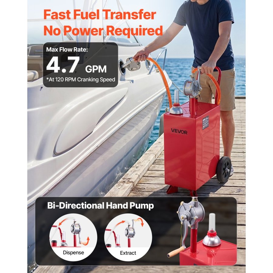 VEVOR 56.8L Fuel Gas Caddy, Carbon Steel, Portable Fuel Transfer Storage Tank with Manual Pump & Rolling Wheels, Gasoline Diesel Can Container, for Cars, Lawn Mowers, ATVs, Boats, Motorcycles, Red