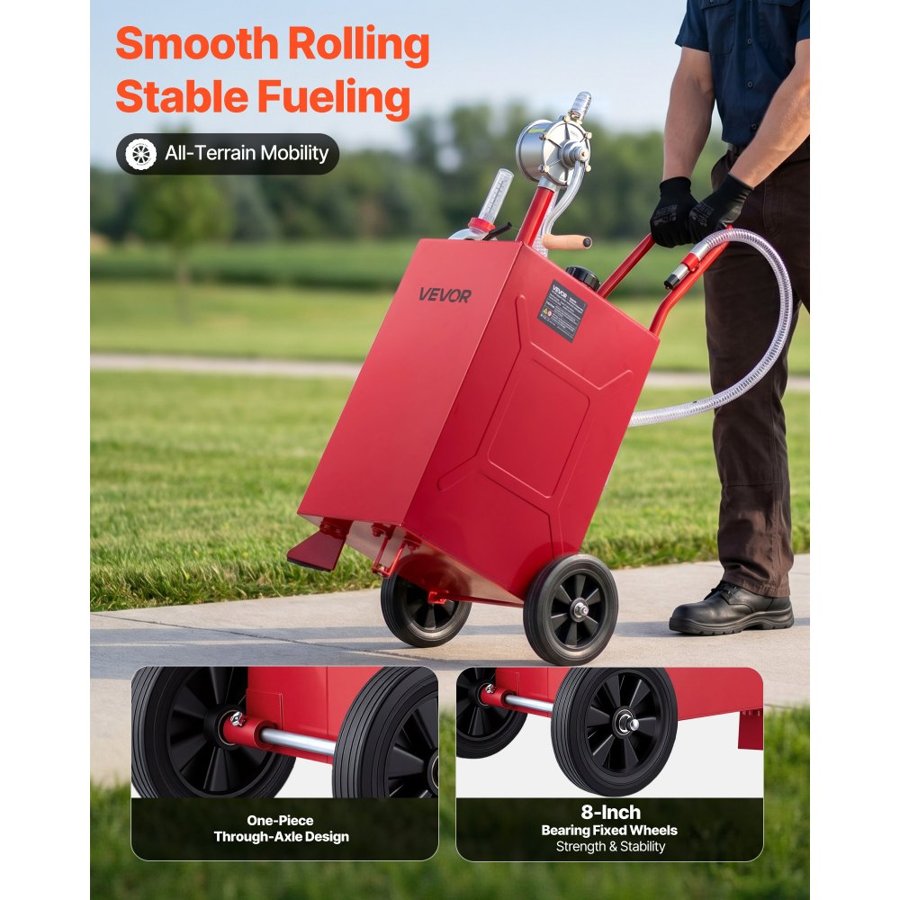 VEVOR 56.8L Fuel Gas Caddy, Carbon Steel, Portable Fuel Transfer Storage Tank with Manual Pump & Rolling Wheels, Gasoline Diesel Can Container, for Cars, Lawn Mowers, ATVs, Boats, Motorcycles, Red