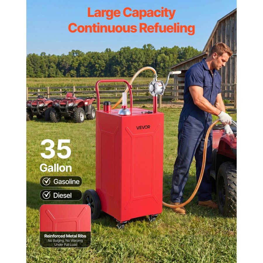 VEVOR 132.5L Fuel Gas Caddy, Carbon Steel, Portable Fuel Transfer Storage Tank with Manual Pump & 4 Rolling Wheels, Gasoline Diesel Can Container, for Cars, Lawn Mowers, ATVs, Boats, Motorcycles, Red