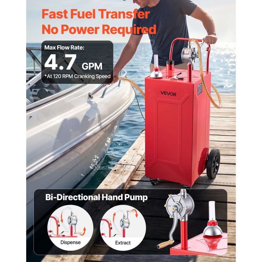 VEVOR 132.5L Fuel Gas Caddy, Carbon Steel, Portable Fuel Transfer Storage Tank with Manual Pump & 4 Rolling Wheels, Gasoline Diesel Can Container, for Cars, Lawn Mowers, ATVs, Boats, Motorcycles, Red