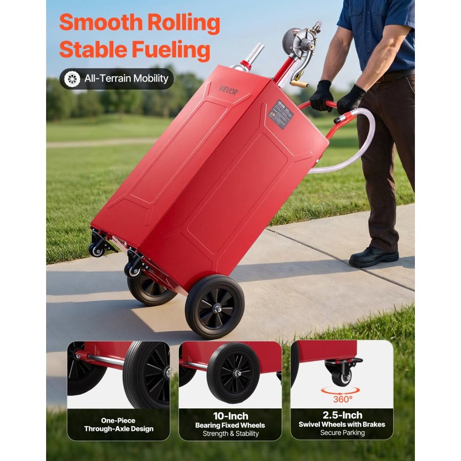 VEVOR 132.5L Fuel Gas Caddy, Carbon Steel, Portable Fuel Transfer Storage Tank with Manual Pump & 4 Rolling Wheels, Gasoline Diesel Can Container, for Cars, Lawn Mowers, ATVs, Boats, Motorcycles, Red