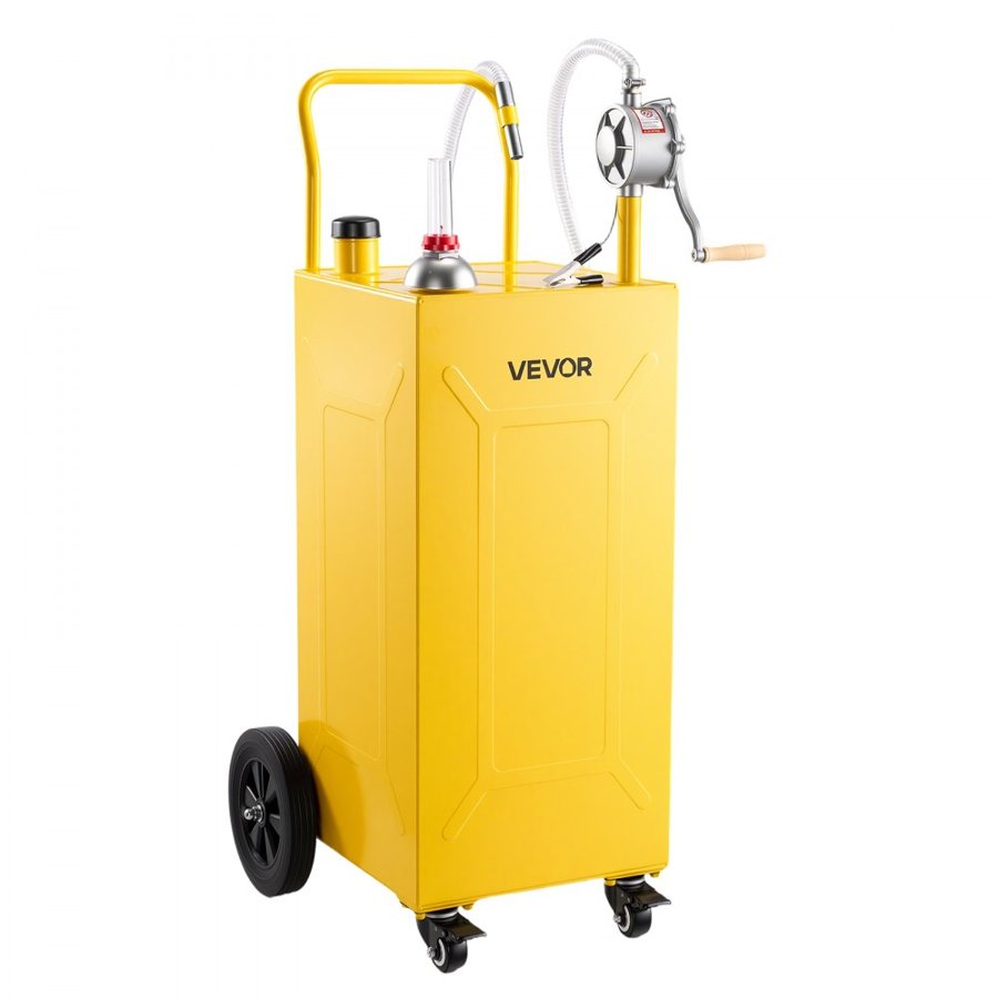 VEVOR 132.5L Fuel Gas Caddy, Carbon Steel, Portable Fuel Transfer Storage Tank with Manual Pump and 4 Wheels, Gasoline Diesel Can Container, for Cars, Lawn Mowers, ATVs, Boats, Motorcycles, Yellow
